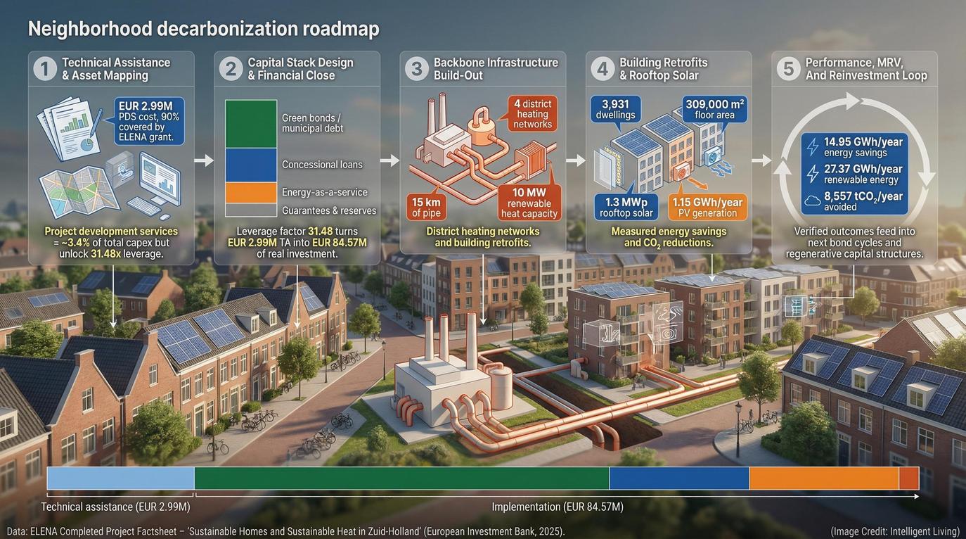A net-zero neighborhood does not emerge from isolated contracts. It is assembled through a deliberate sequence.