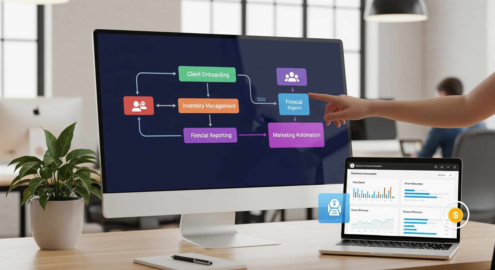 Modern office workspace with automation software showing workflow diagrams on a computer screen