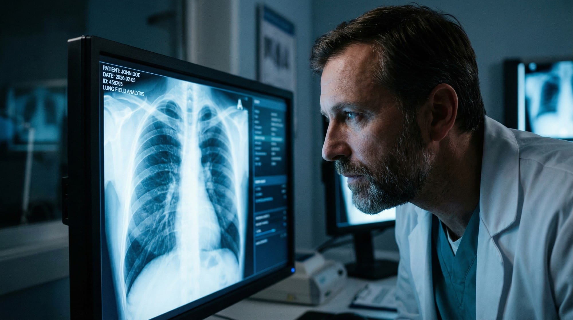 A physician reviewing a chest X-ray on a digital monitor during an asbestos medical exam.