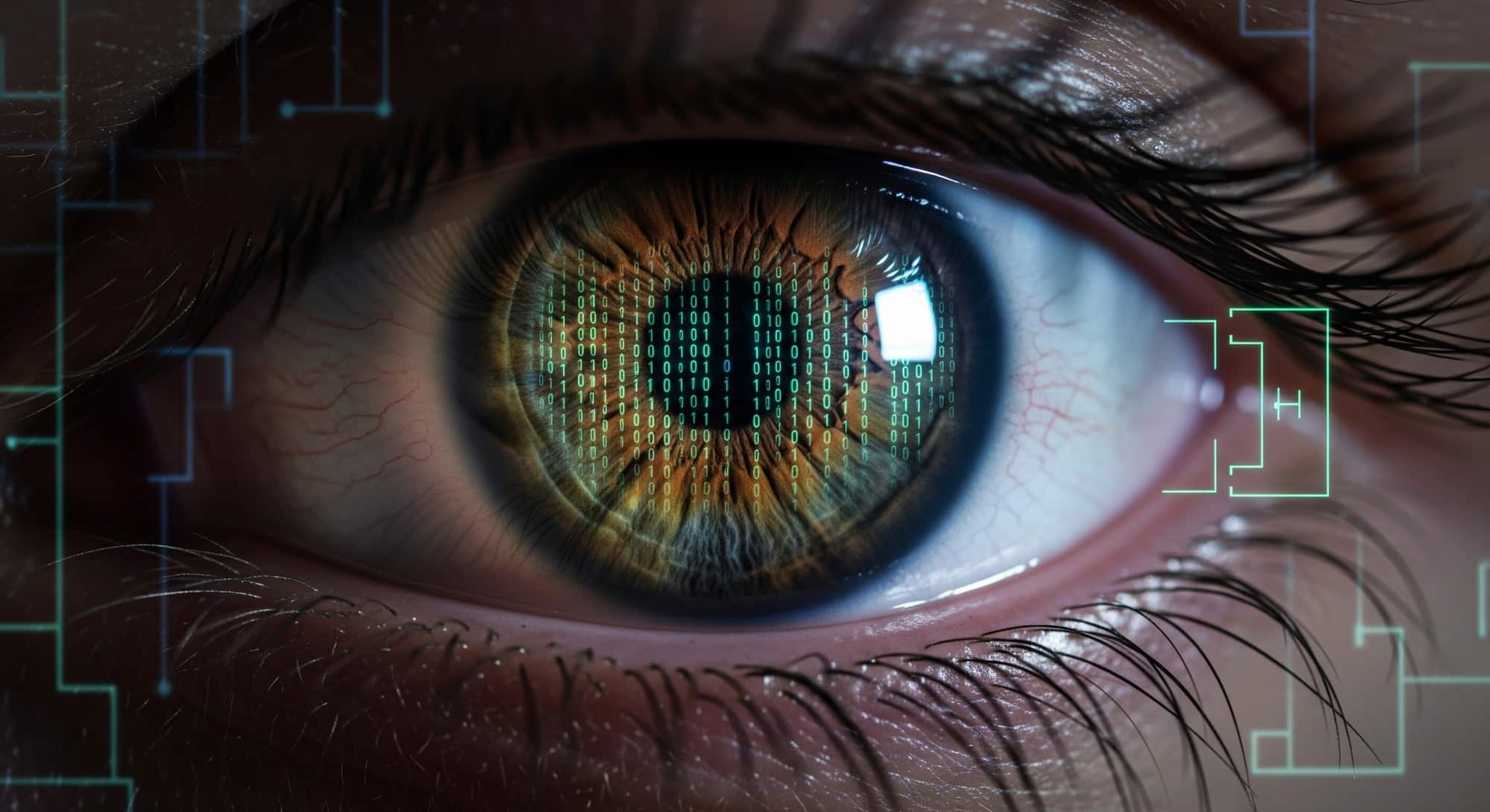A close-up of a human eye with glowing cryptographic data patterns, symbolizing secure biometric and health information.