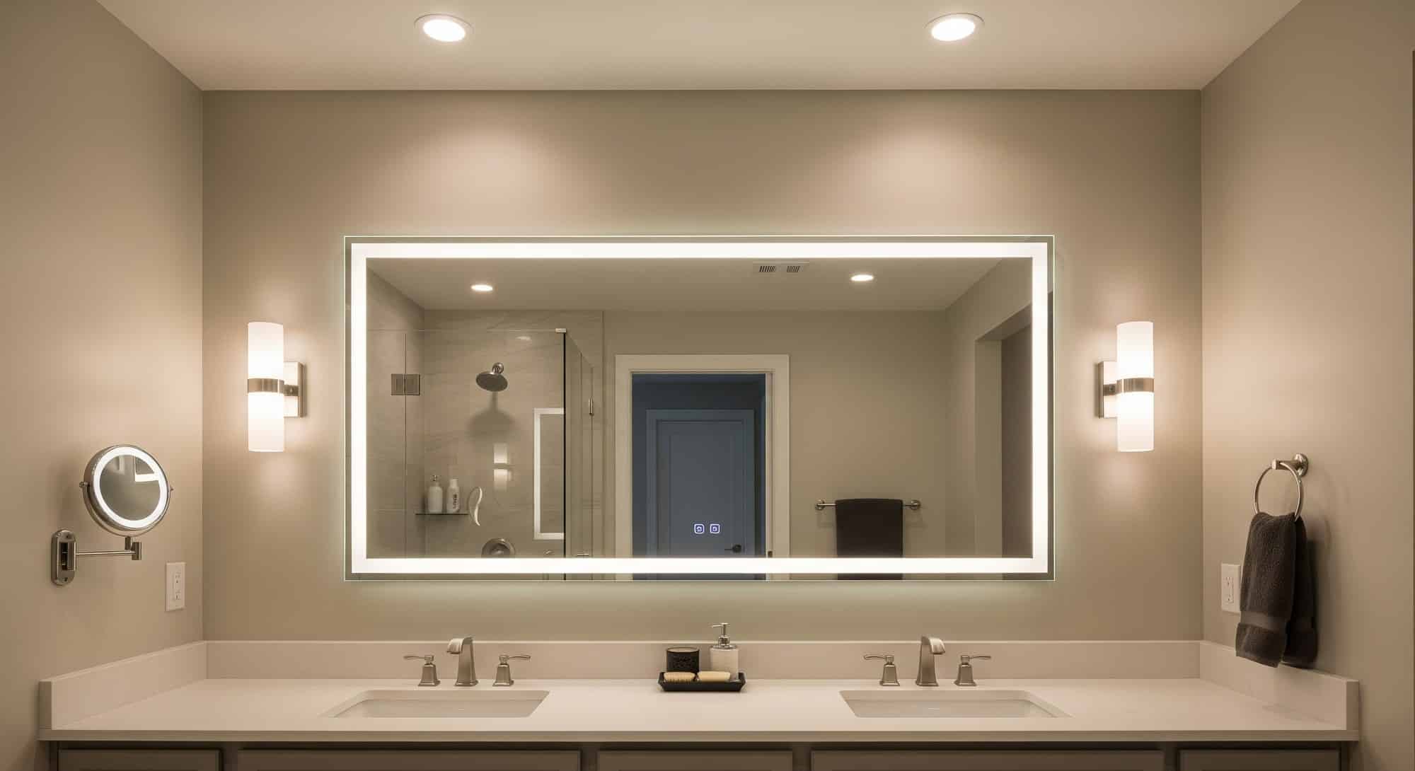 Sleek bathroom lighting with backlit mirror and wall sconces