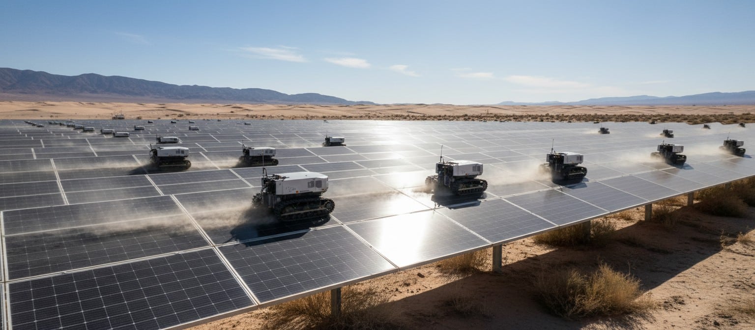 Automated robotic solar panel cleaners on a desert photovoltaic array