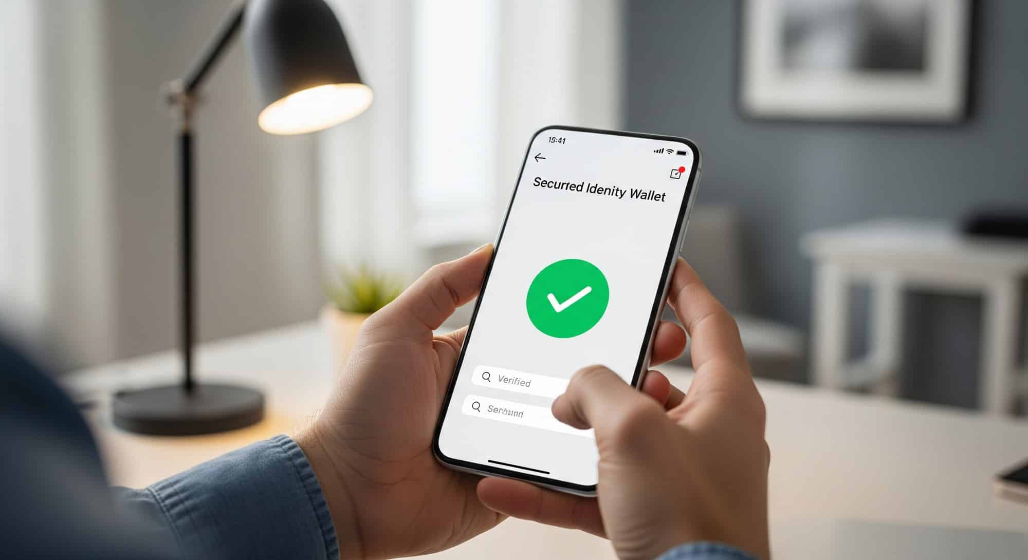 A modern smartphone displaying a secure, minimalist digital identity interface in a bright office environment.