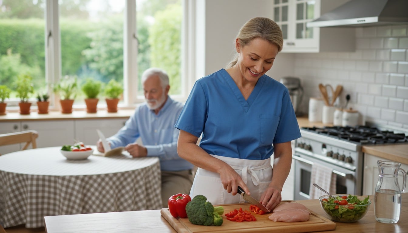 A professional caregiver preparing a nutritious meal for a senior man