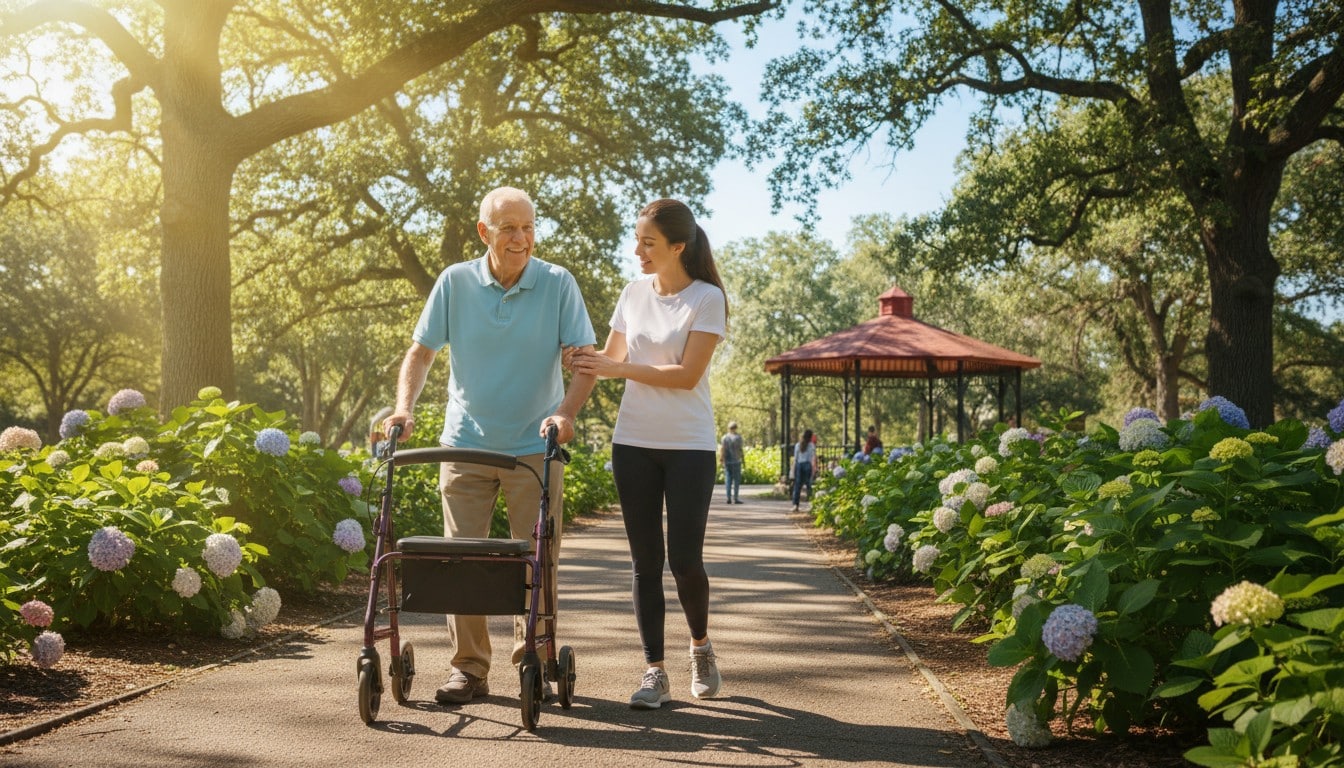 A senior man walking outdoors with the support of a caregiver