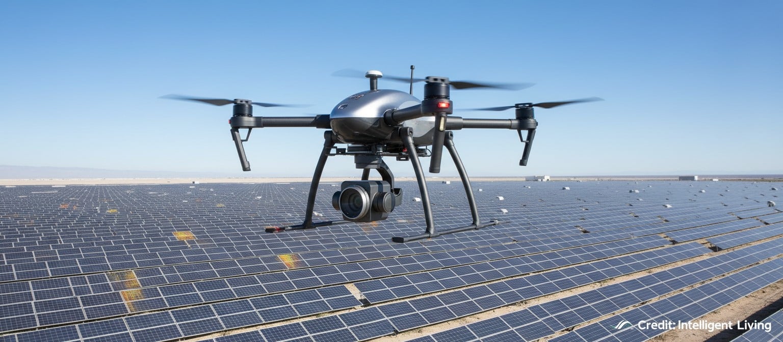 High-tech drone performing a thermal inspection of a utility-scale solar farm