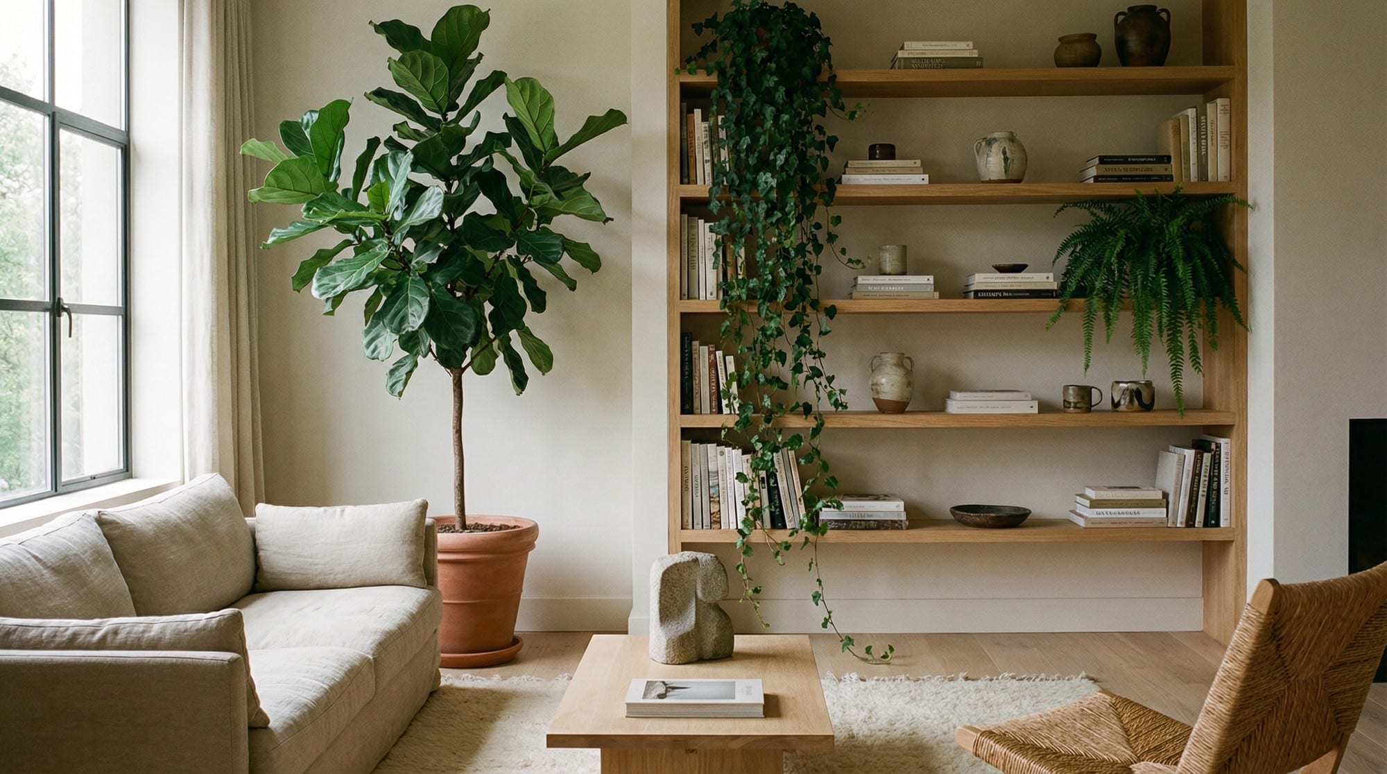 A stylish and tranquil indoor living space with a variety of lush green plants.