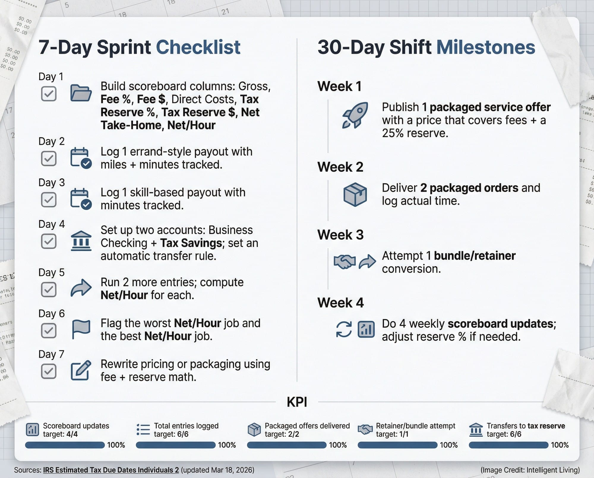 A step-by-step visual plan showing a 7-day setup sprint and 30-day upgrade path for gig economy freelancers using net take-home tracking and tax reserves.