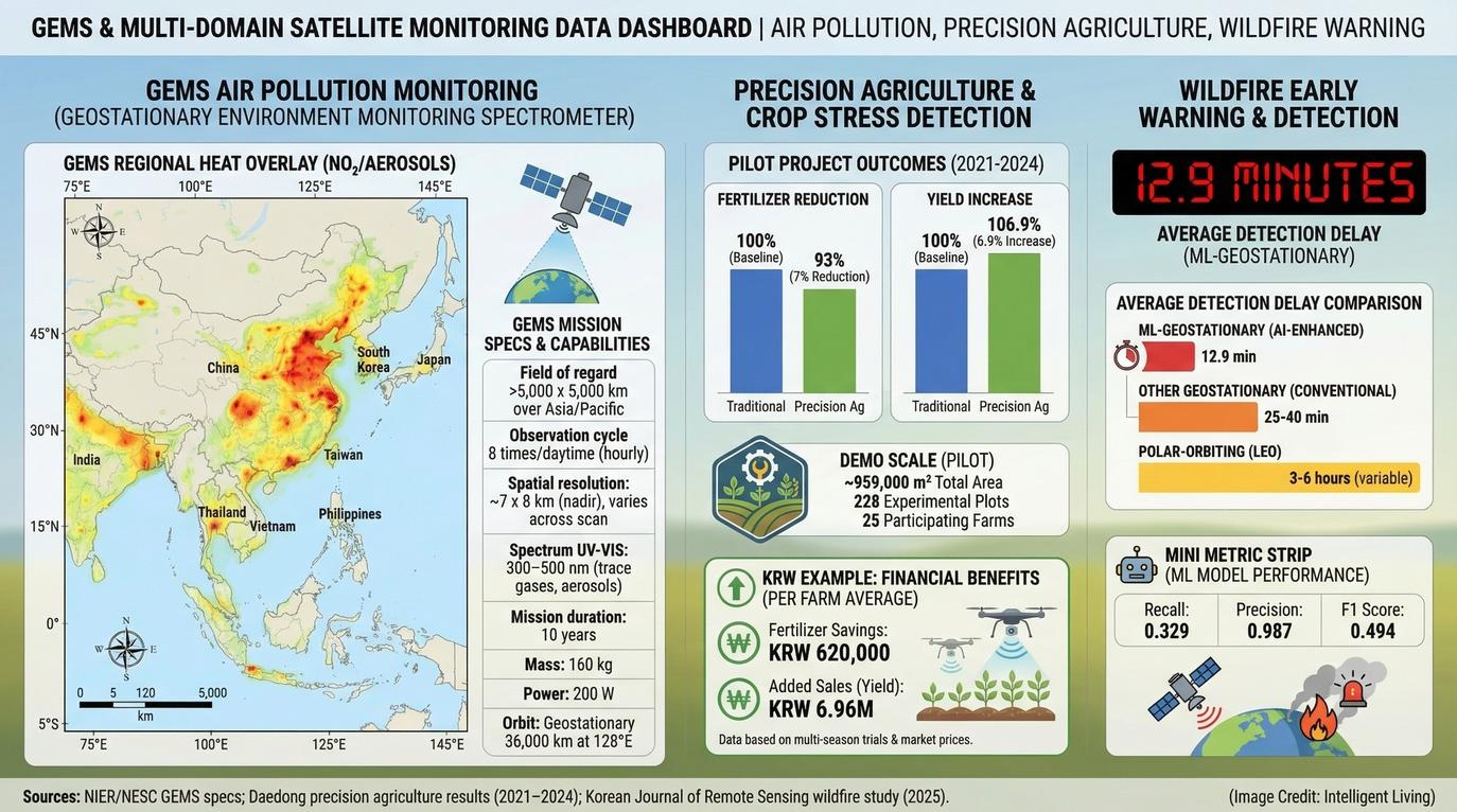Multi-chart layout showing GEMS specs, precision agriculture field results, and wildfire detection performance metrics.