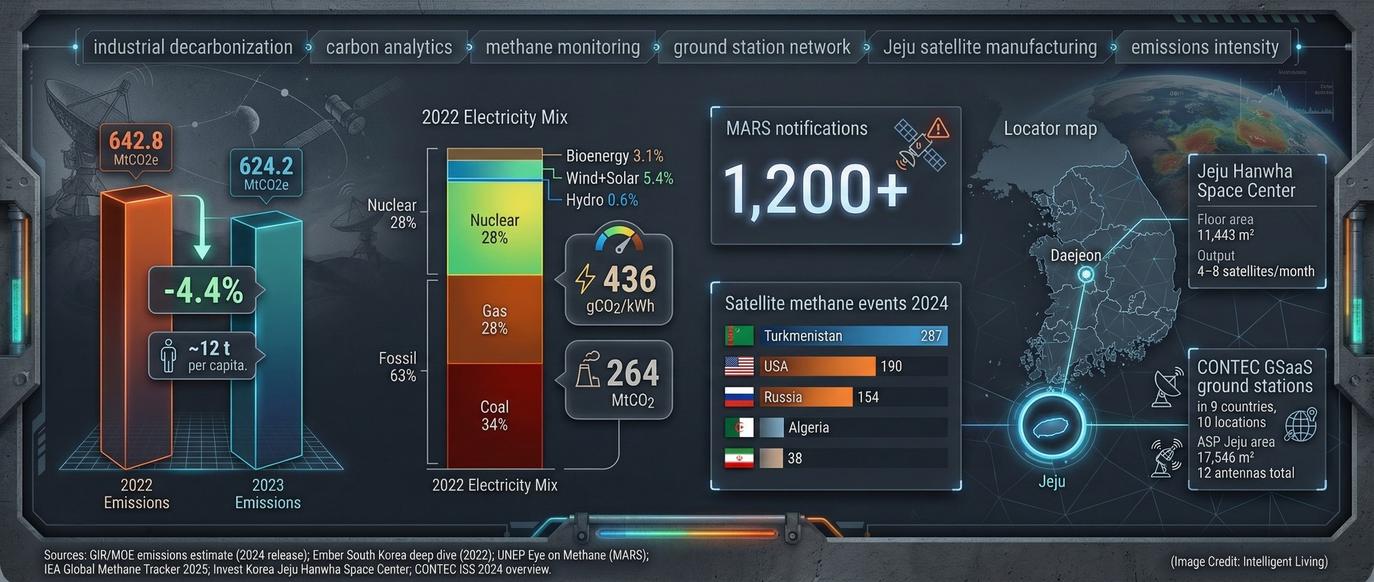 Combined emissions dashboard with Jeju manufacturing capacity and ground-station network scale.