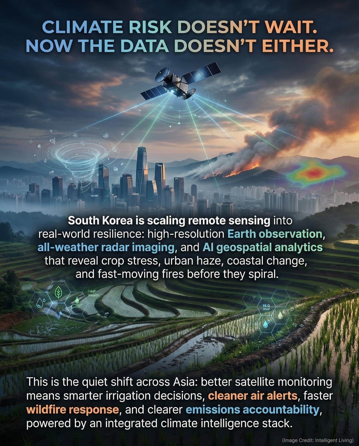 A cinematic split-scene showing farmland, city haze, and wildfire smoke connected by satellite data lines, with bold explanatory meme text.