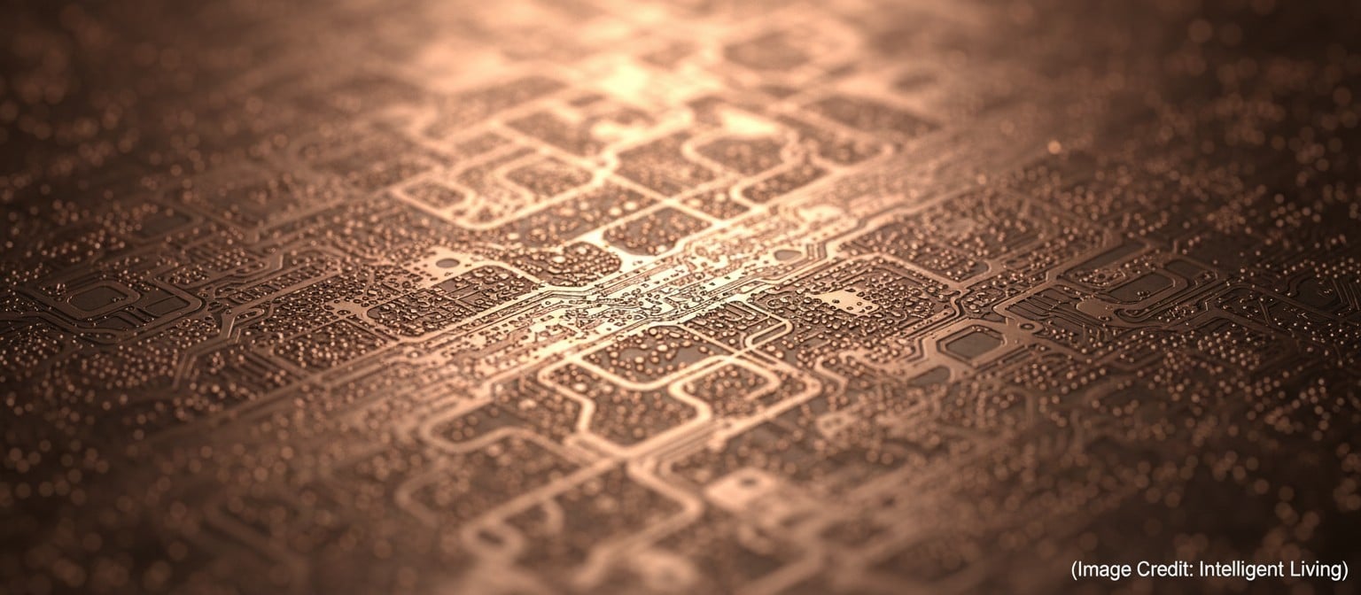 Macro cinematic image of ultra-fine copper contact patterns and microscopic interconnect grids, representing advanced compute packaging and thermal density constraints.
