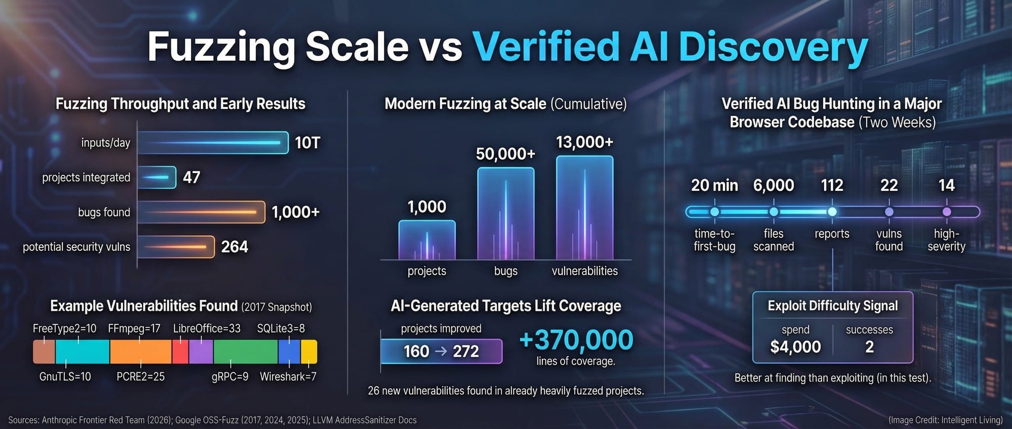 A multi-chart visual comparing fuzzing scale, AI-assisted coverage expansion, and verified vulnerability outcomes in a major browser test.