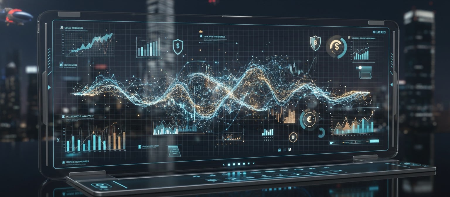 Futuristic digital dashboard representing AI financial analytics with glowing data streams.