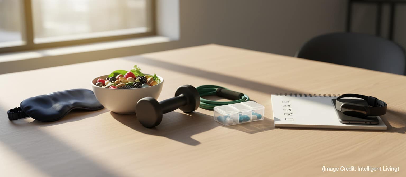 Wide 21:9 lifestyle photo of a safety-first wellness desk with a pill organizer, a simple checklist notebook, fresh food, and movement cues, representing longevity habits and supplement safety.