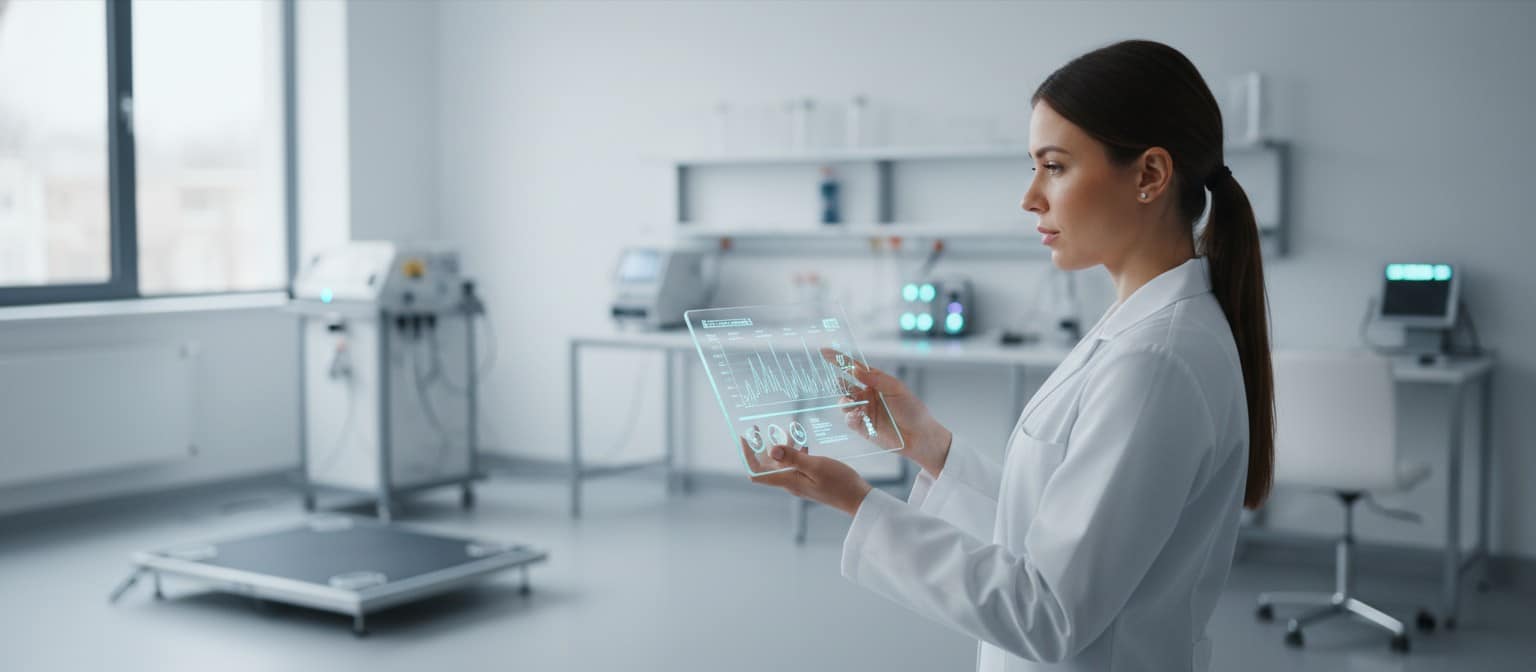A sports scientist analyzing performance data on a digital tablet in a lab setting.