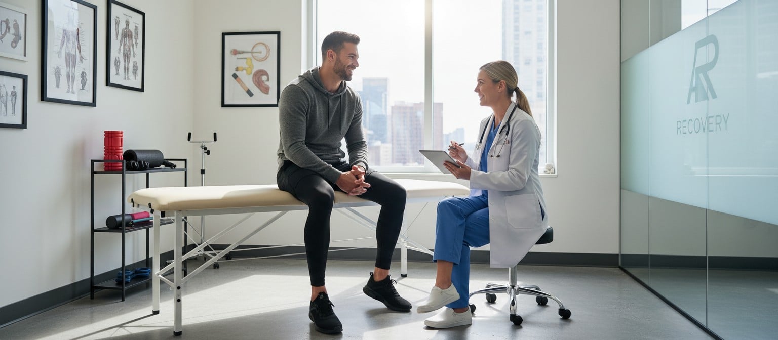 A professional athlete receiving a health assessment after training.