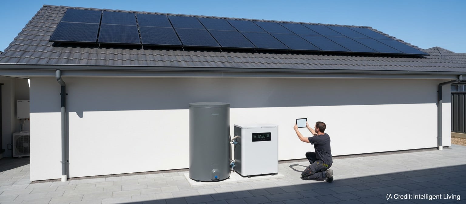 A sunny Australian home and small facility with hot-water electrification cues and clean install visuals.