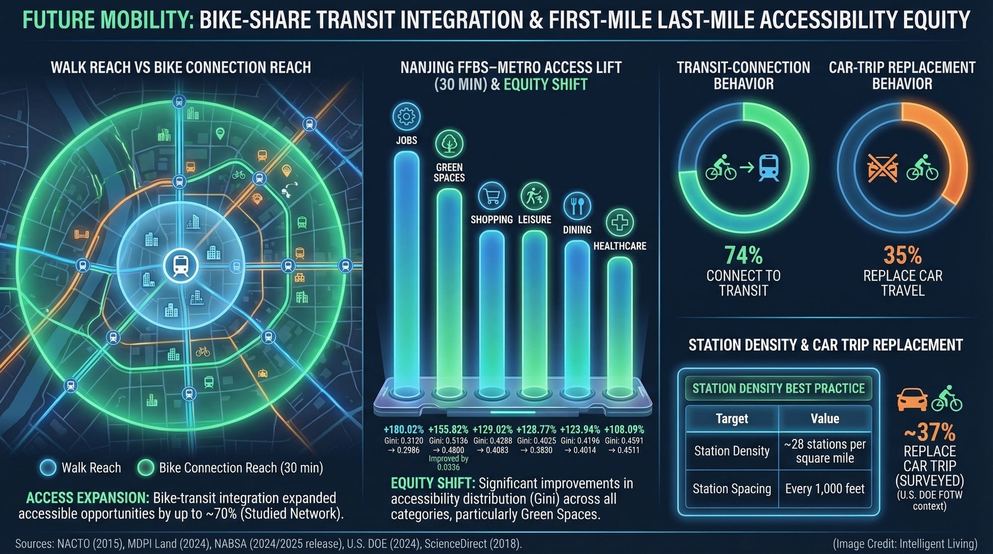 A data-rich visual showing how dense bike-share near transit expands access and replaces short car trips.