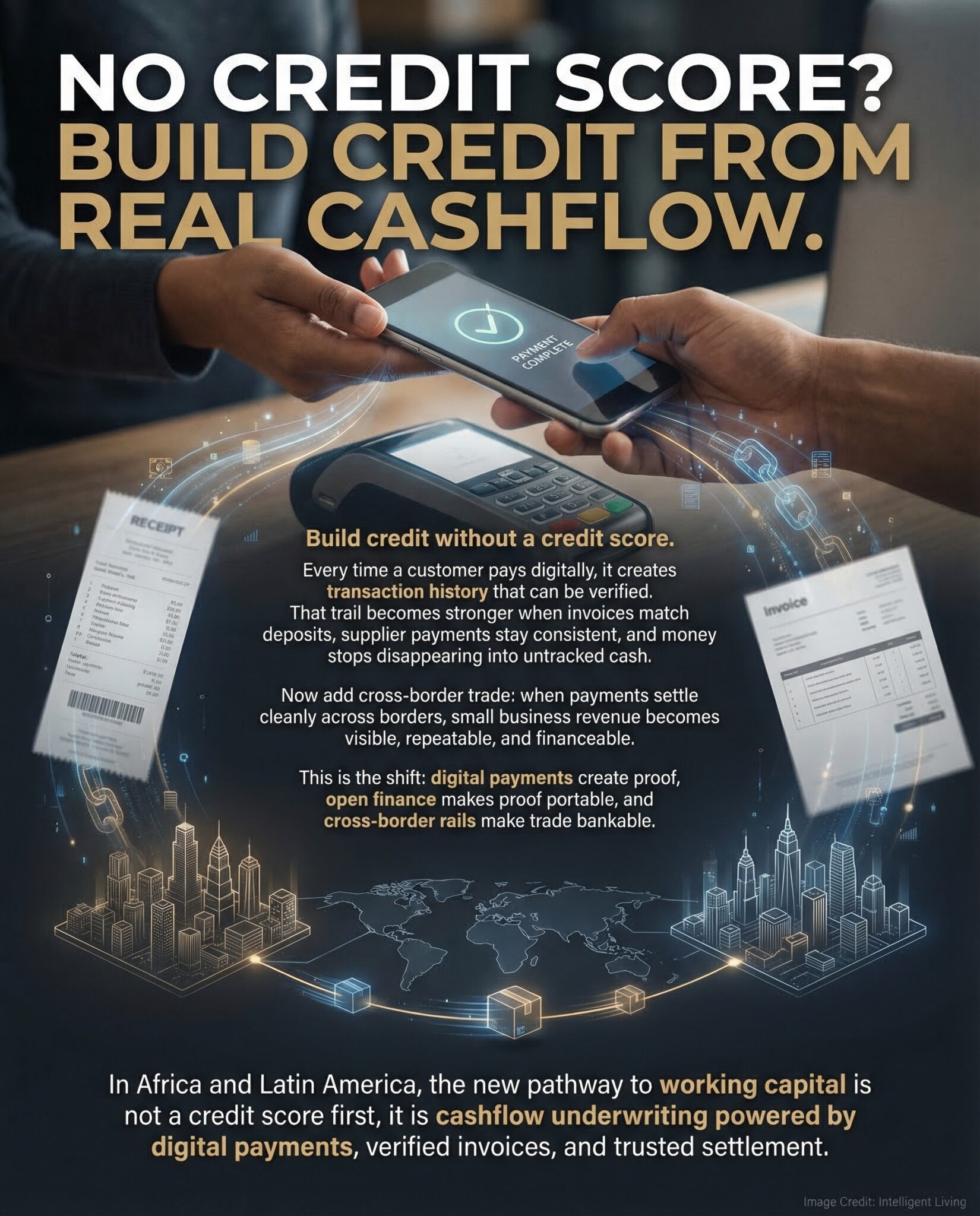 A cinematic, data-forward meme showing how digital payments and cross-border settlement turn everyday commerce into verifiable credit proof.