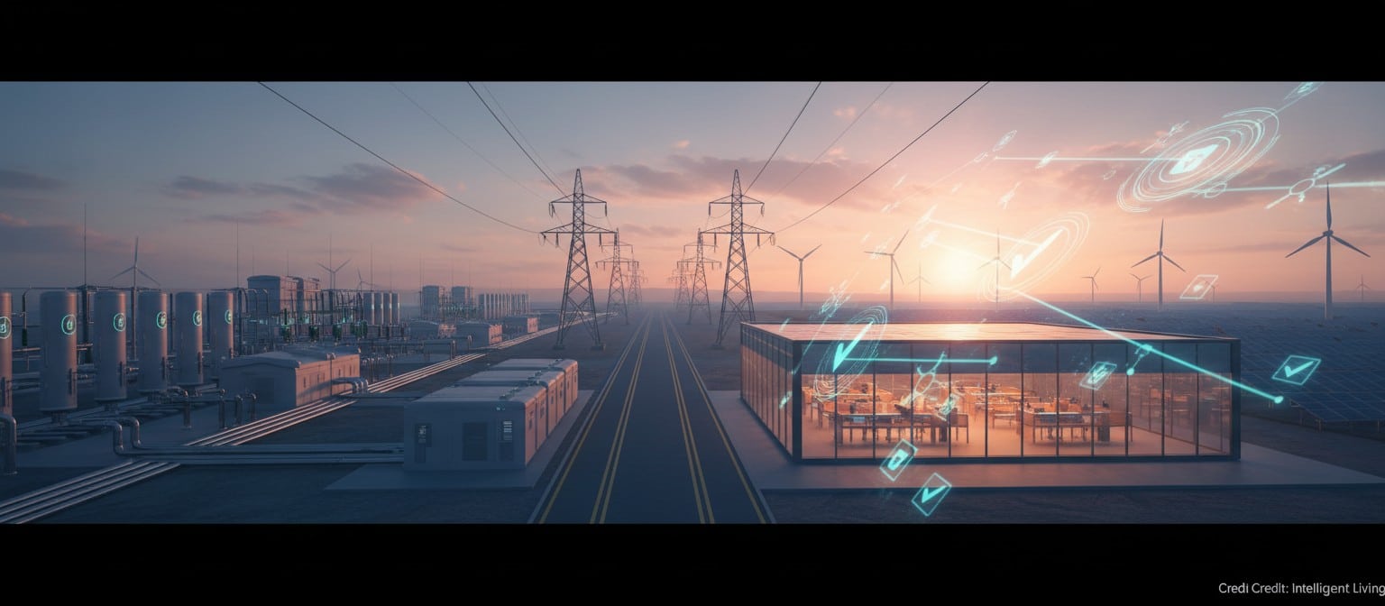 Wide cinematic scene of a future-proof power grid with multi-day storage and transparent supply chain symbolism.
