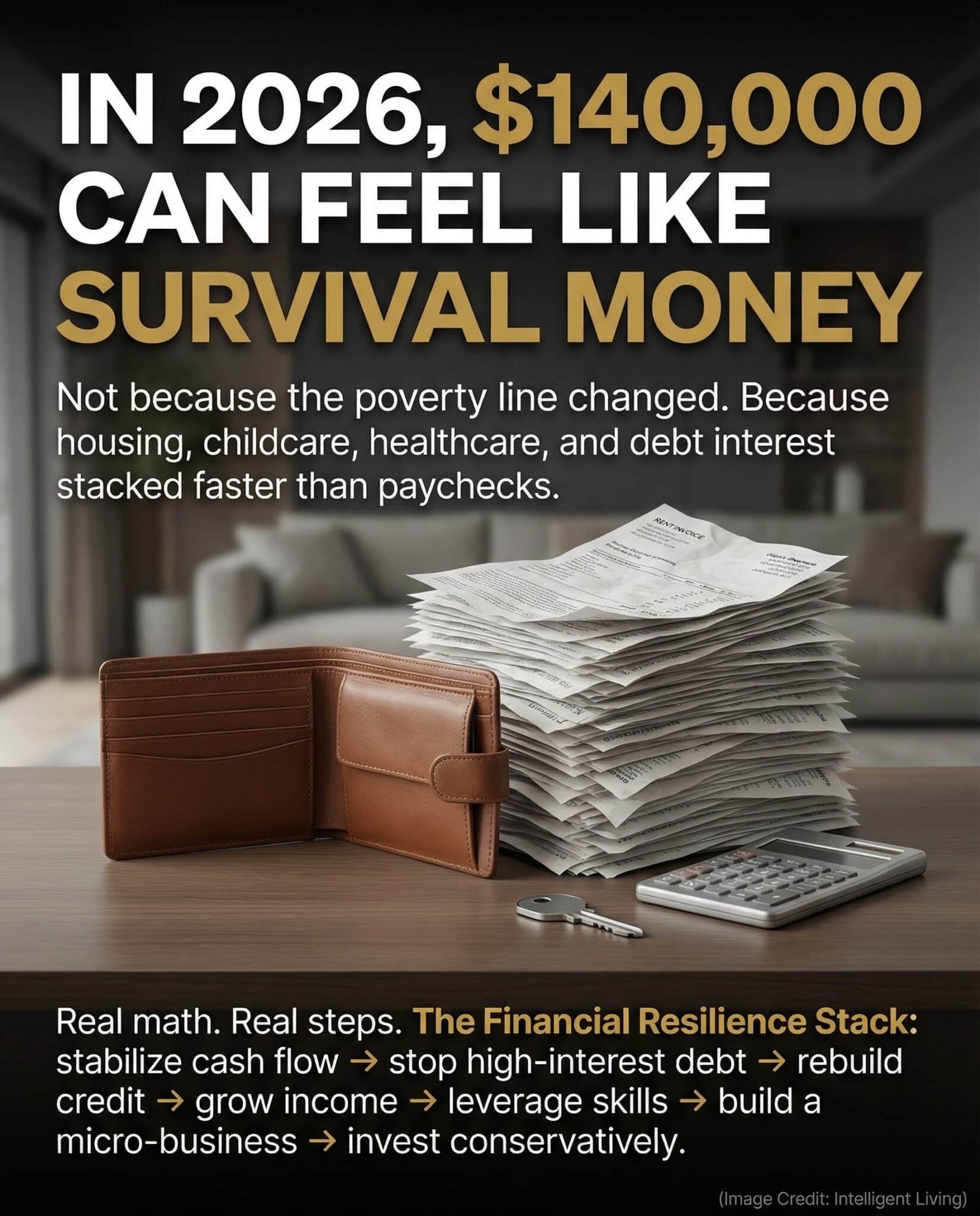 A dramatic visual showing everyday bills piling up to make $140,000 feel like survival money, with bold meme text explaining the cost-of-living squeeze.