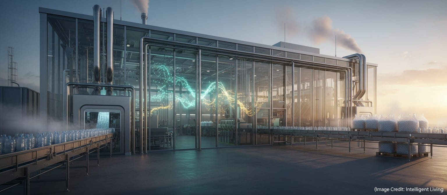 A cinematic industrial recycling facility concept showing clear bottles transforming into purified raw material.