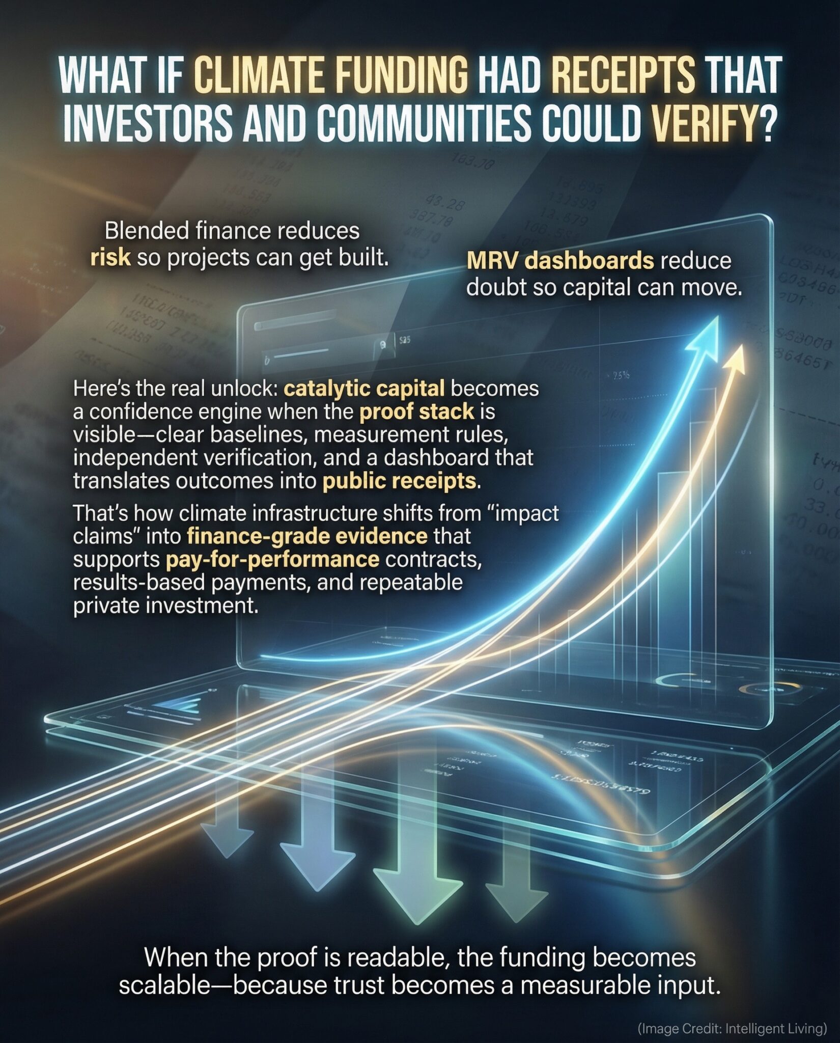 A cinematic meme showing verified climate dashboards turning public funding into audit-ready proof that attracts private investment.