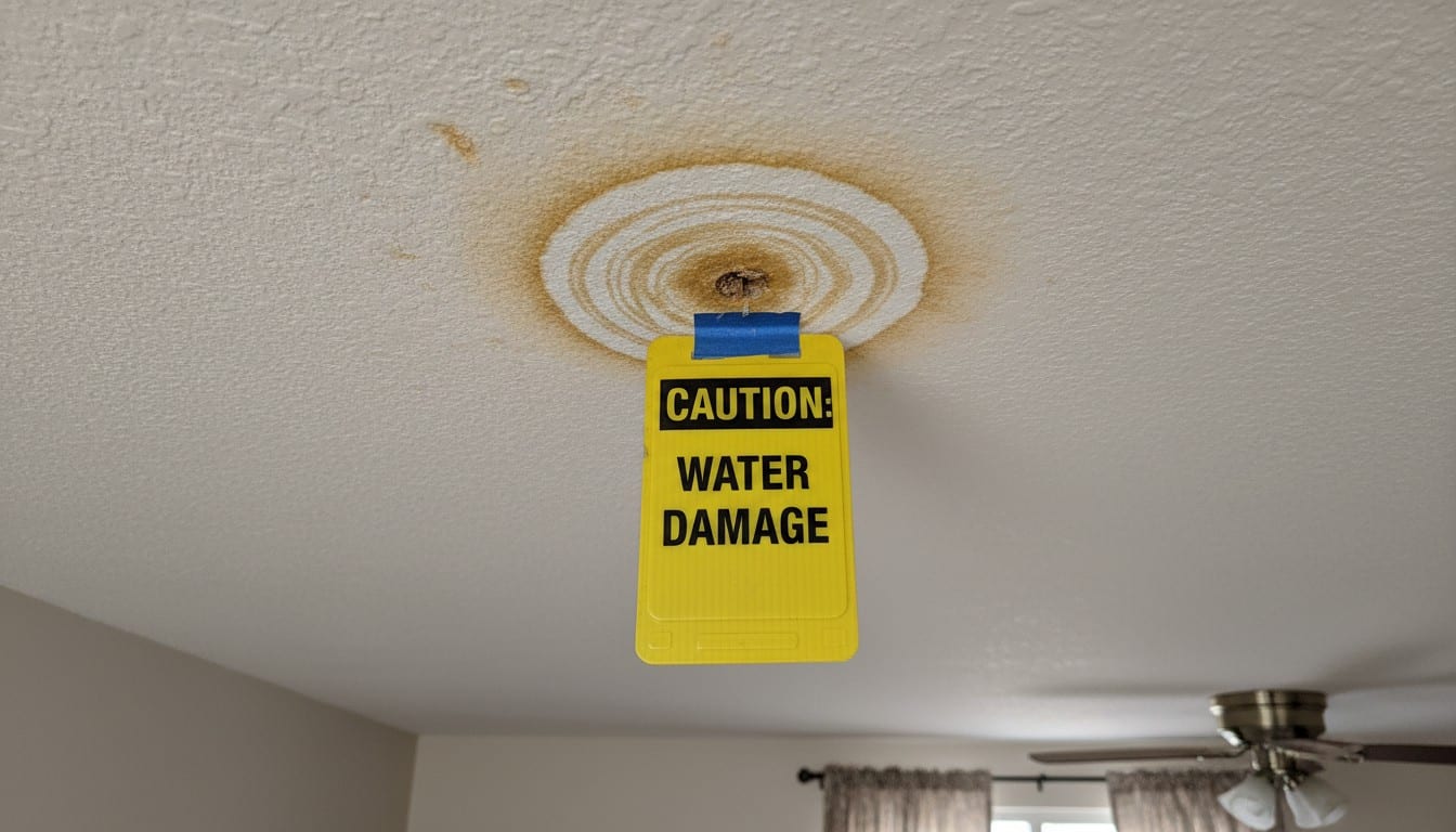 A water stain on a residential ceiling indicating a potential leak.