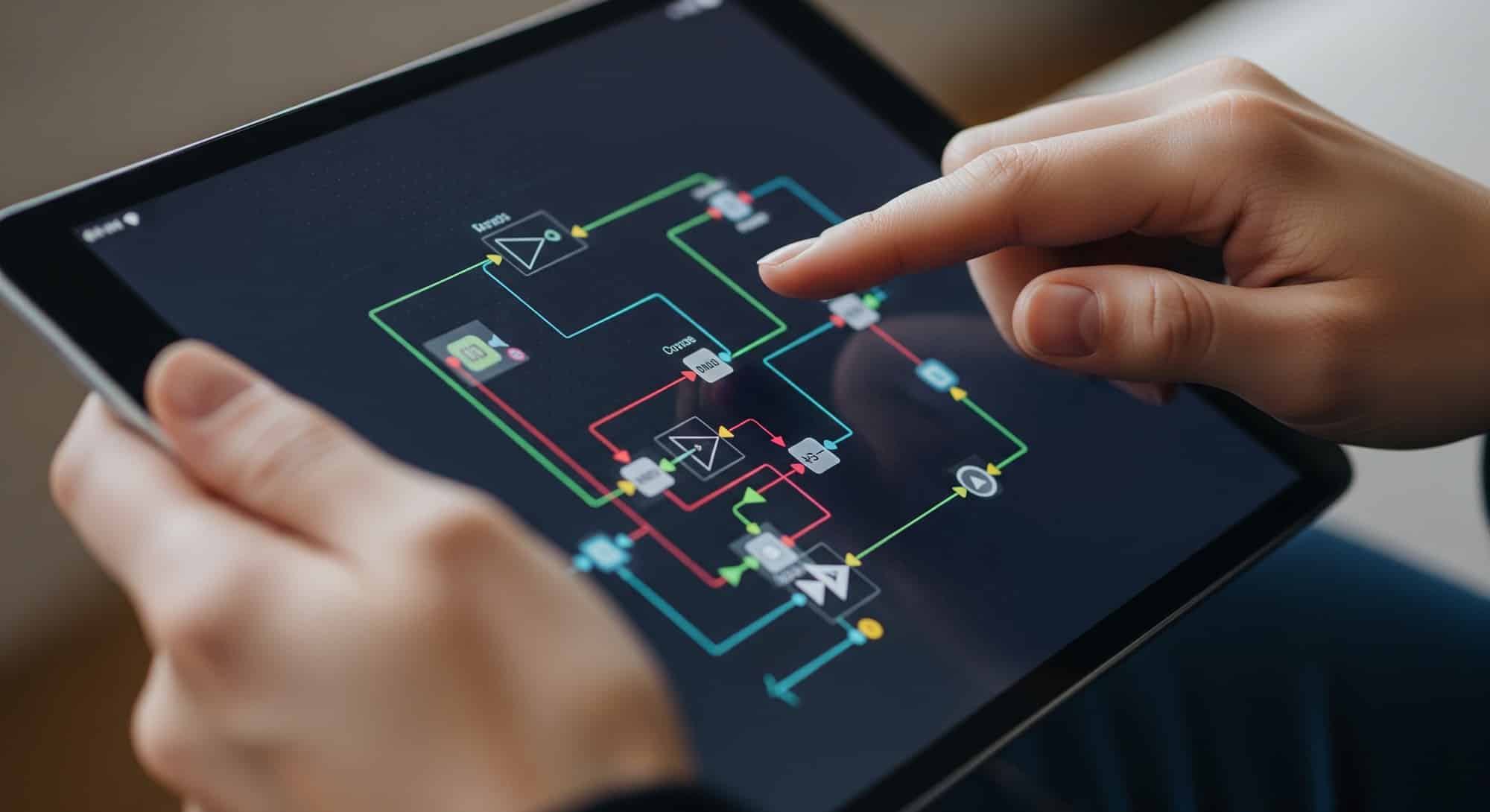 A child's hands focusing on a digital logic puzzle game on a tablet.