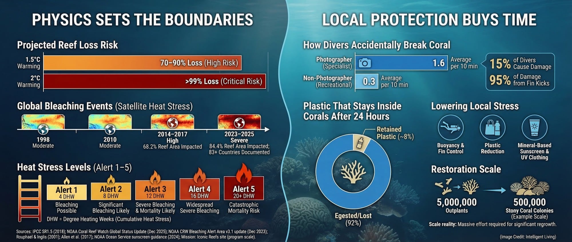A wide, data-rich visual linking global bleaching physics with actionable local stress reducers like diver contact reduction, plastics, and sunscreen choices.