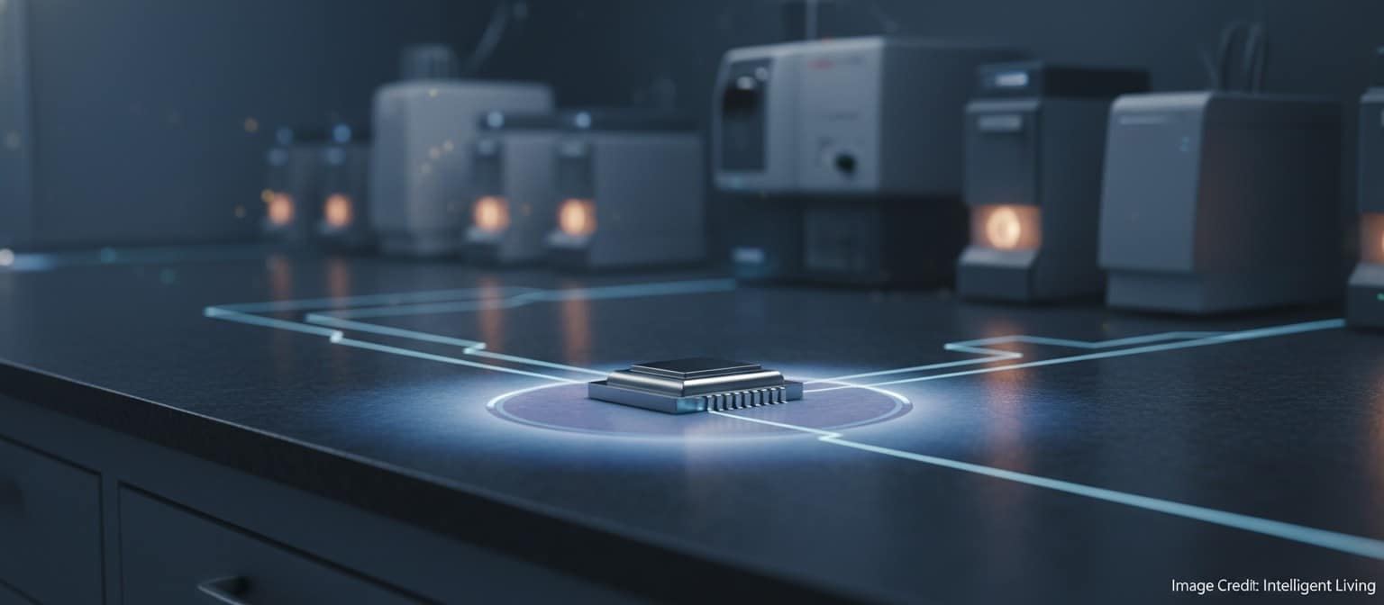 Futuristic lab scene showing a compact test setup with a chip module and subtle roadmap-style lighting cues.