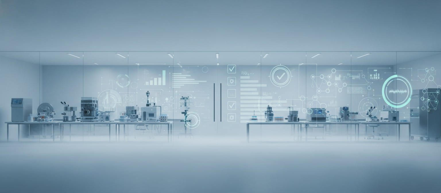 Minimalist proof-driven scene showing checkmarks, benchmark meters, and clinical-grade instrumentation.