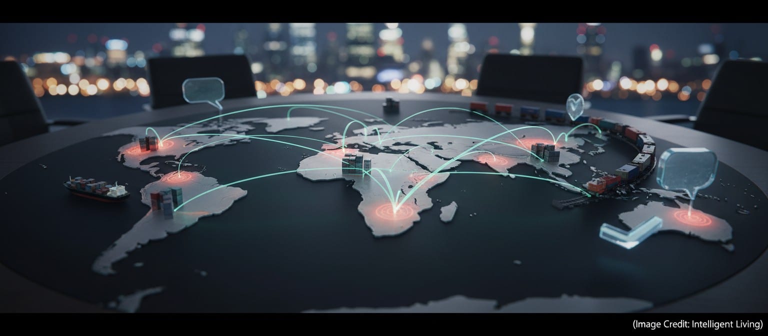 Cinematic logistics control-room style image showing multiple shipping routes, ports, rail corridors, and energy chokepoint symbols over a world map, representing reliability economics and supply chain rerouting.