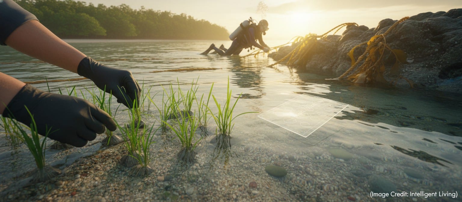 Hopeful coastal restoration scene with verification symbolism, representing high-integrity nature finance outcomes.