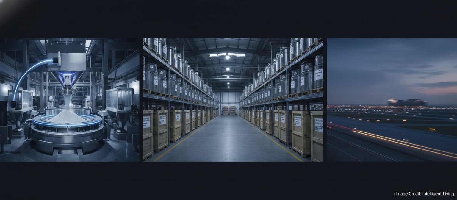 A resilient supply chain concept image showing circular materials recovery, secured storage, and fast logistics under stress.