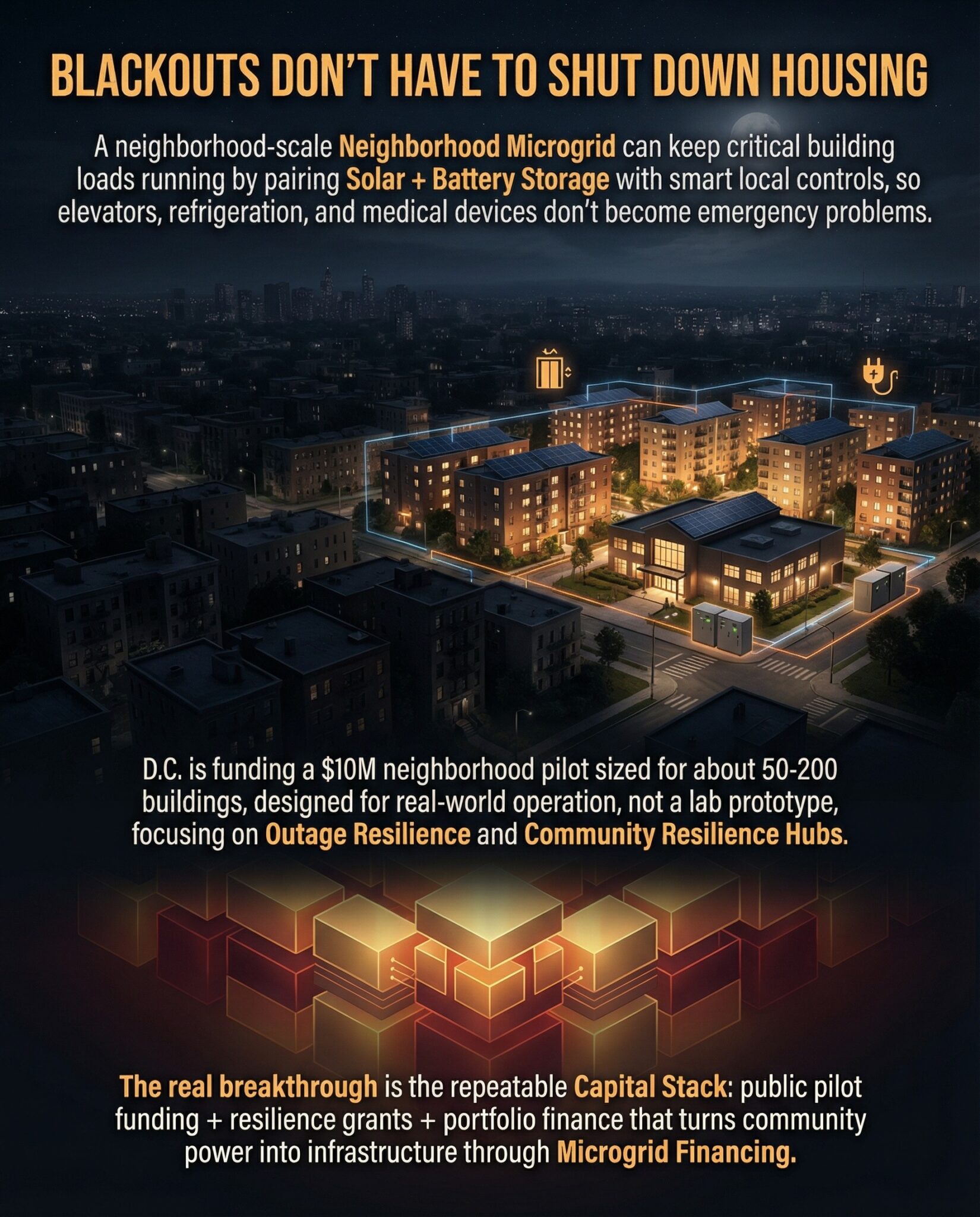 A dramatic split-scene showing a darkened city grid versus a lit housing cluster powered by solar and batteries, supported by a visible