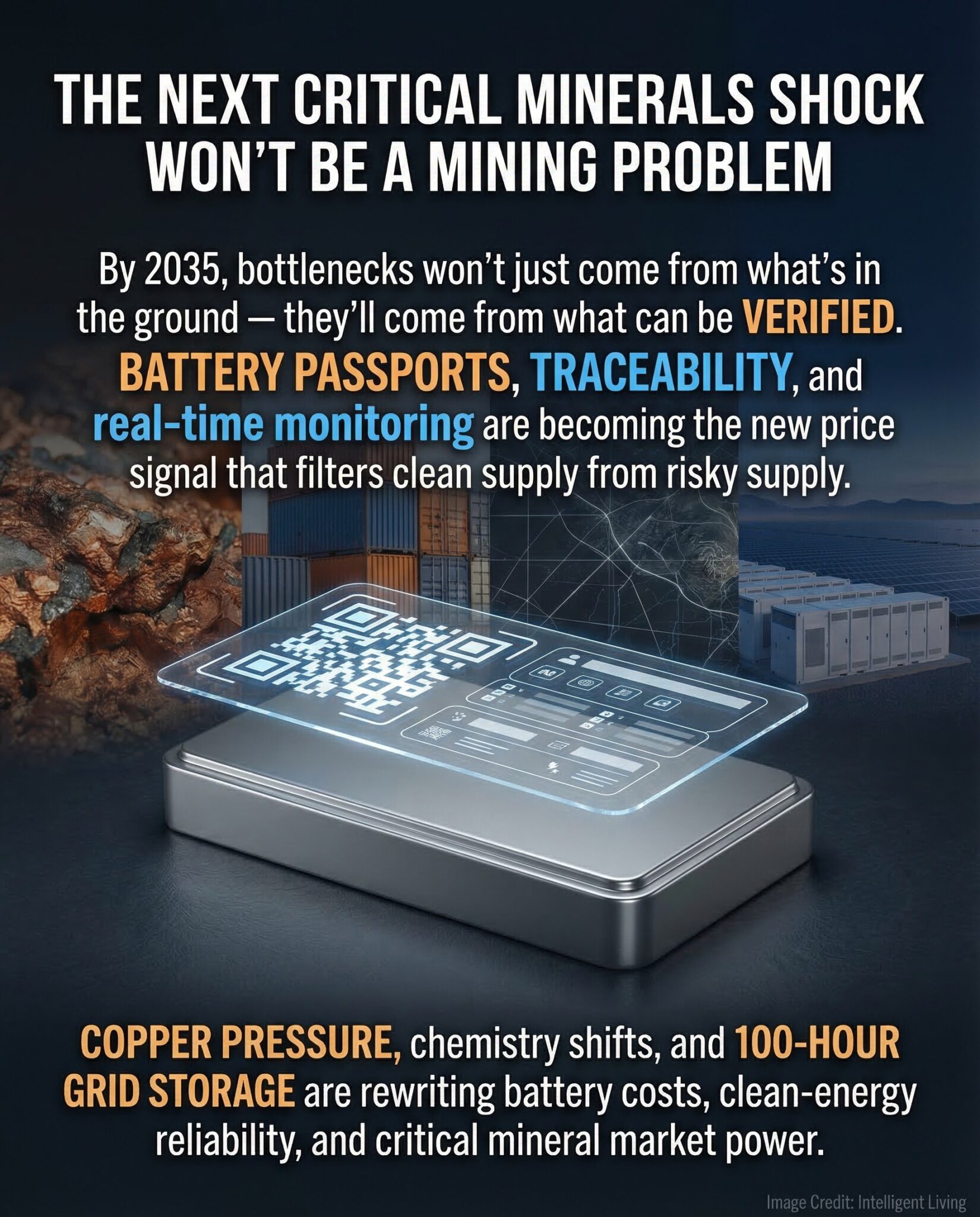 A cinematic battery pack with a QR-style passport overlay and supply-chain visuals linking minerals, verification, and long-duration storage.