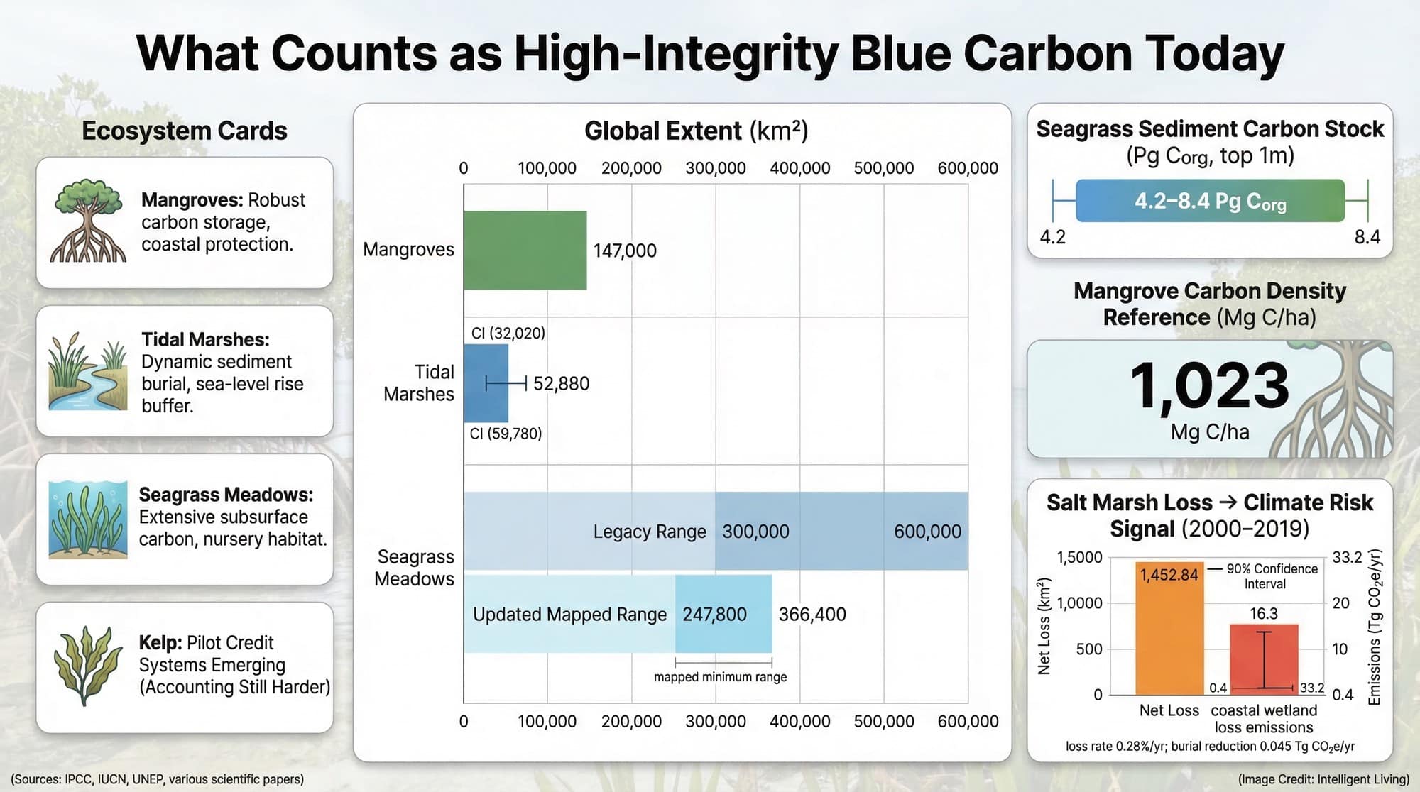 Data-rich visualization comparing mangroves, tidal marshes, and seagrass by global extent, carbon stocks, and loss-driven emissions signals.