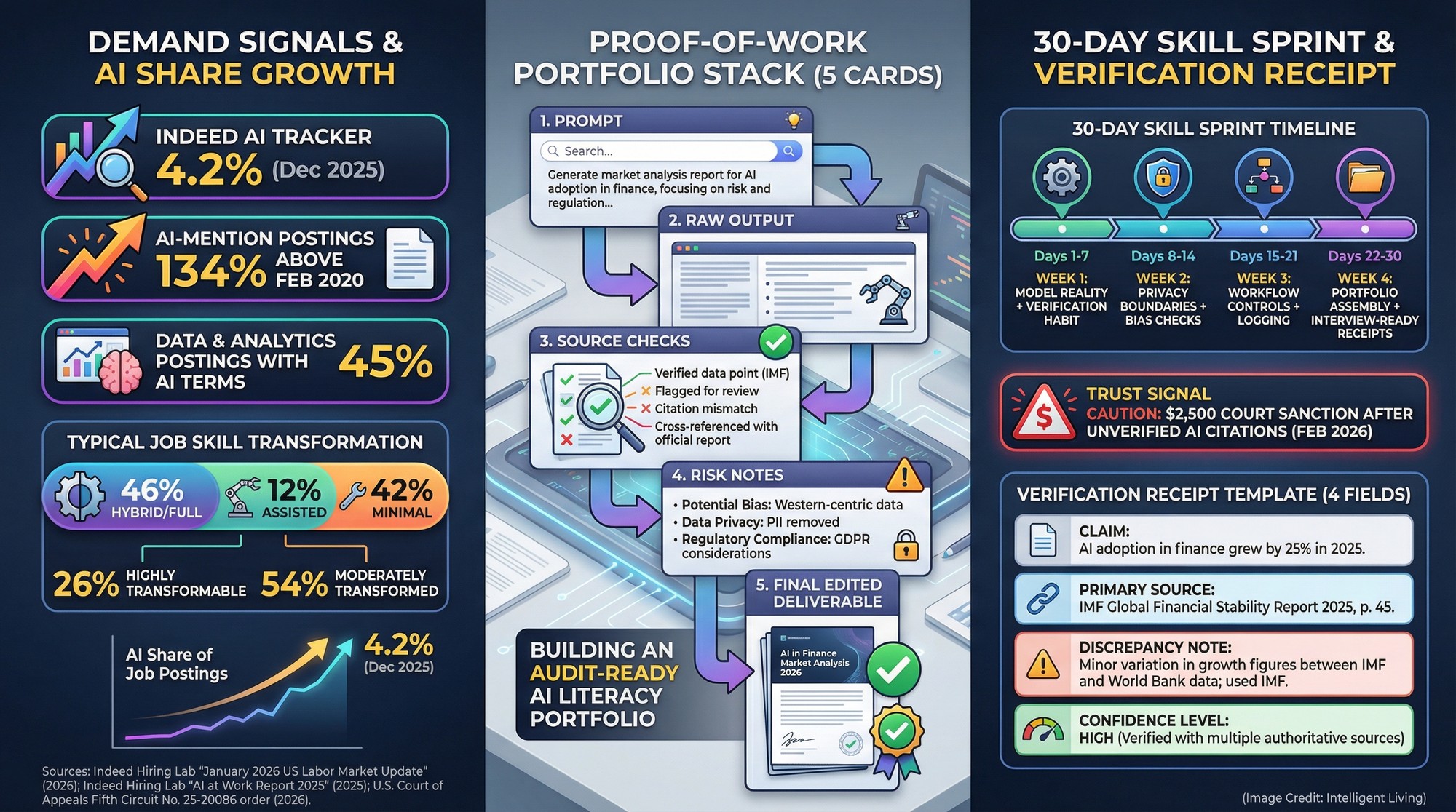 Step-by-step visual showing proof-of-work portfolio artifacts, verification receipt structure, and a 30-day skill sprint tied to hiring data about AI mentions.