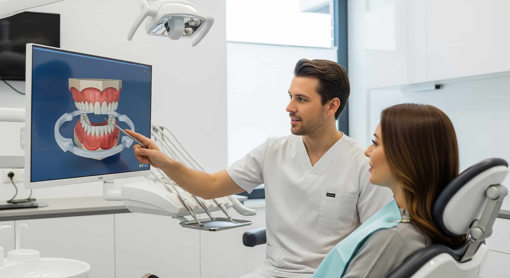 A dental professional consulting with a patient about dental implants.