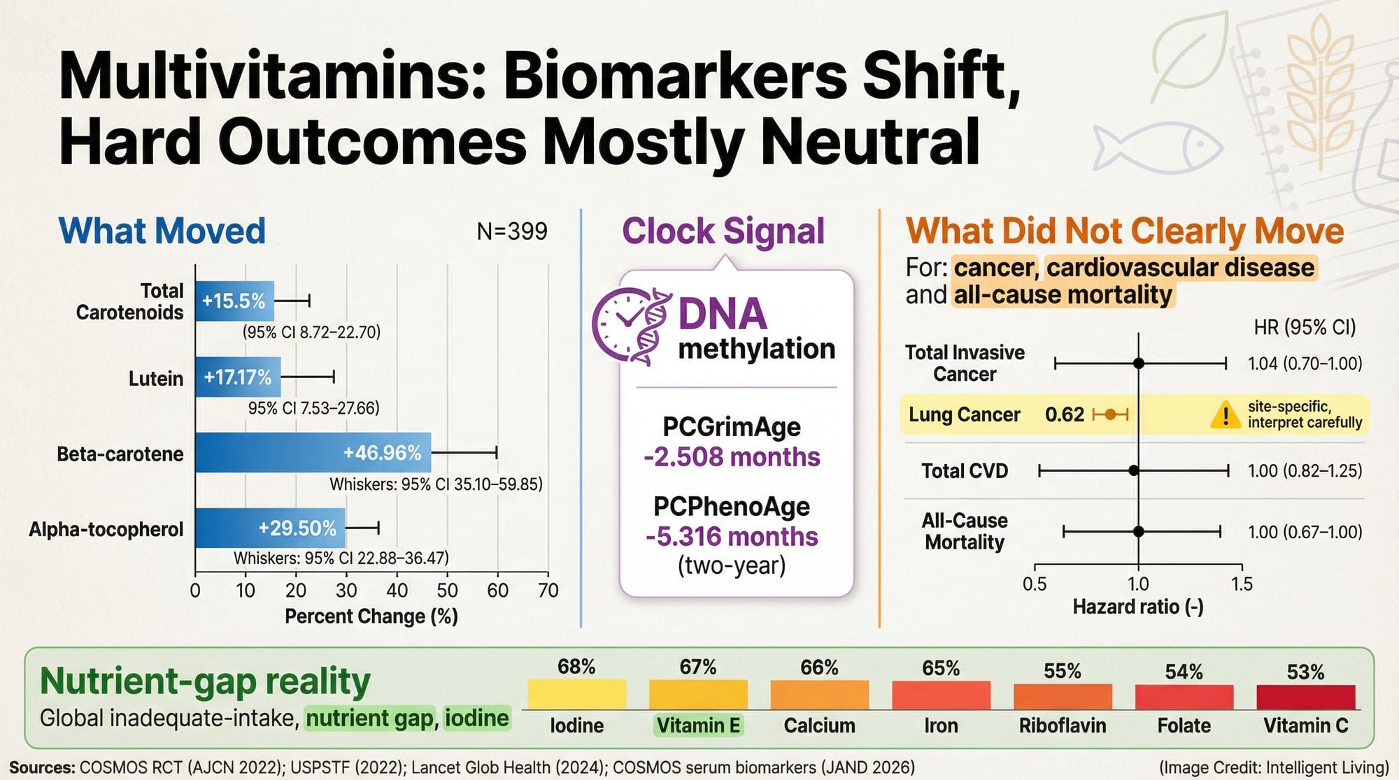 Split-view evidence graphic comparing biomarker changes and epigenetic clock shifts against largely neutral clinical outcomes for cancer, cardiovascular disease, and mortality in a large multivitamin trial.