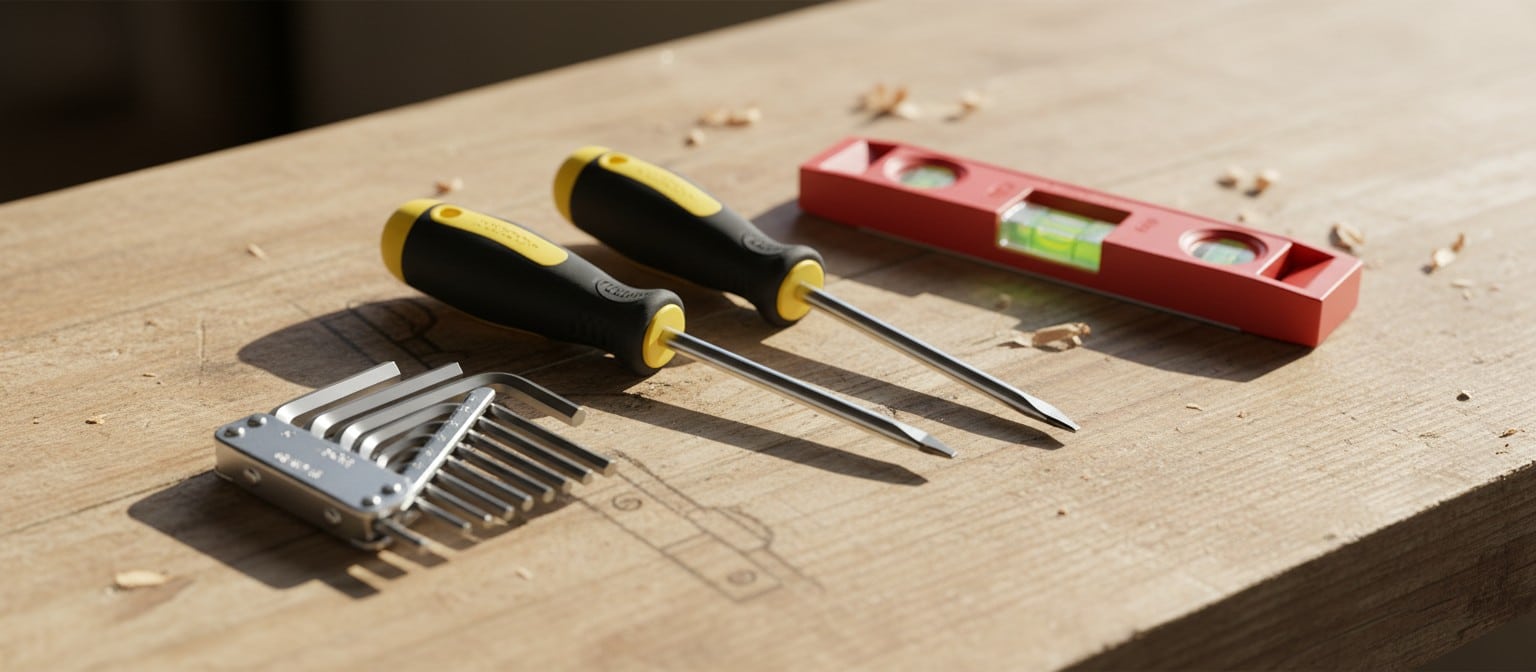 Tools required for adjusting uPVC door hinges, including screwdrivers, a hex key, and a spirit level.