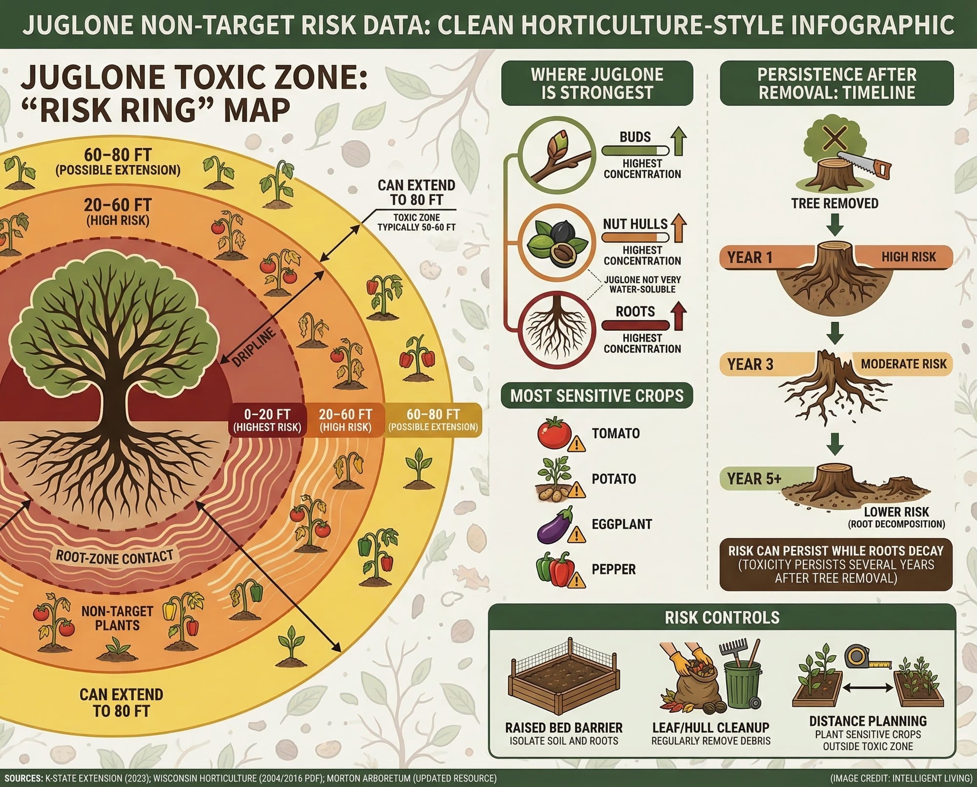 Risk map and timeline showing juglone "toxic zone," persistence after removal, and sensitive plant categories.