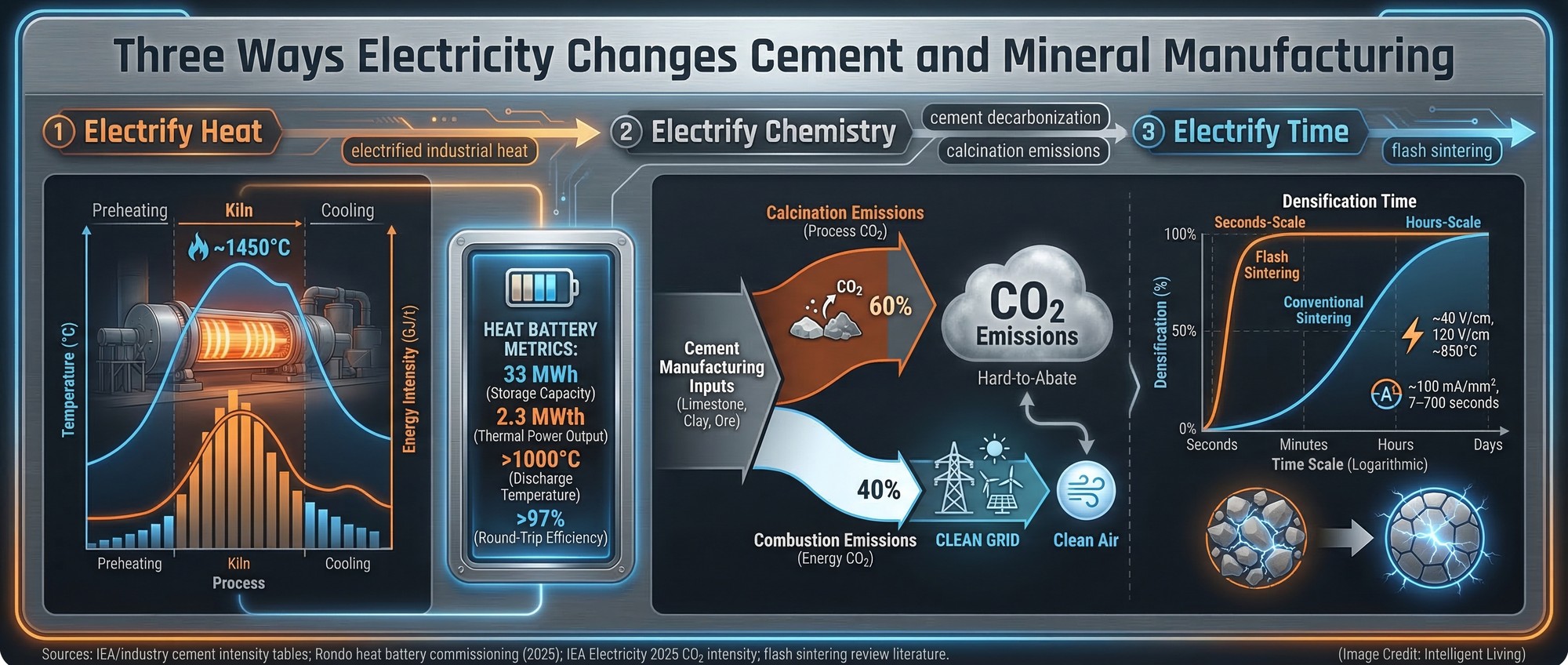 Visual data story connecting electrified heat, cleaner grids, and ultrafast electric densification to cement decarbonization pathways.
