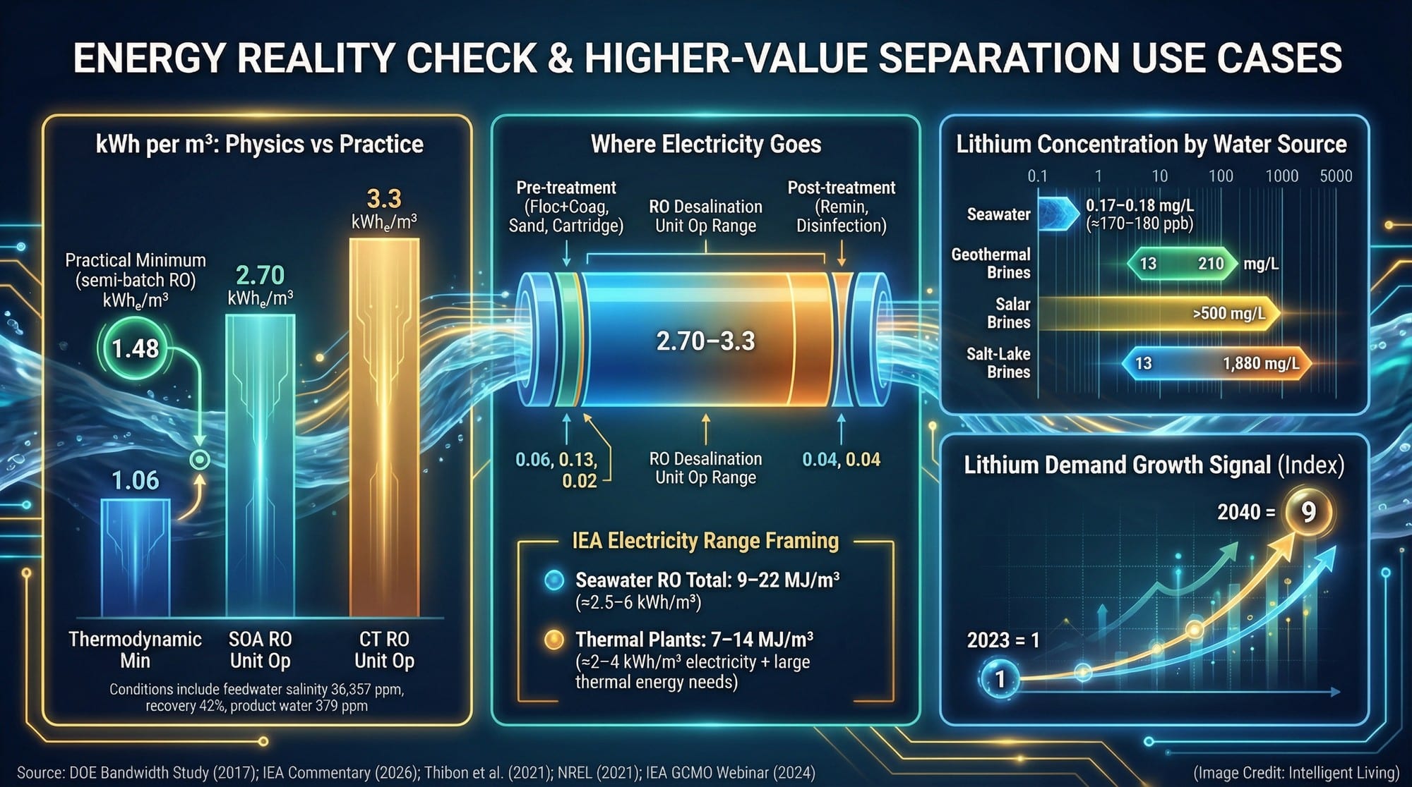 A benchmark dashboard comparing thermodynamic minimum vs real RO energy, plus a selective-ion value panel showing lithium concentration contrasts and demand growth.