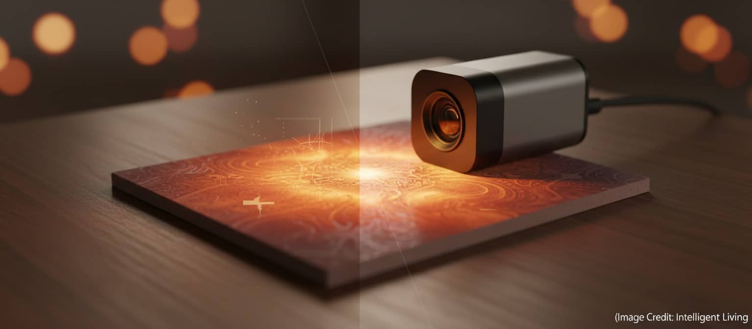 Minimalist cinematic close-up of thermal sensing hardware and ambient heat patterns, symbolizing practical privacy controls, detector bandwidth limits, and FAQ-style clarity for readers.