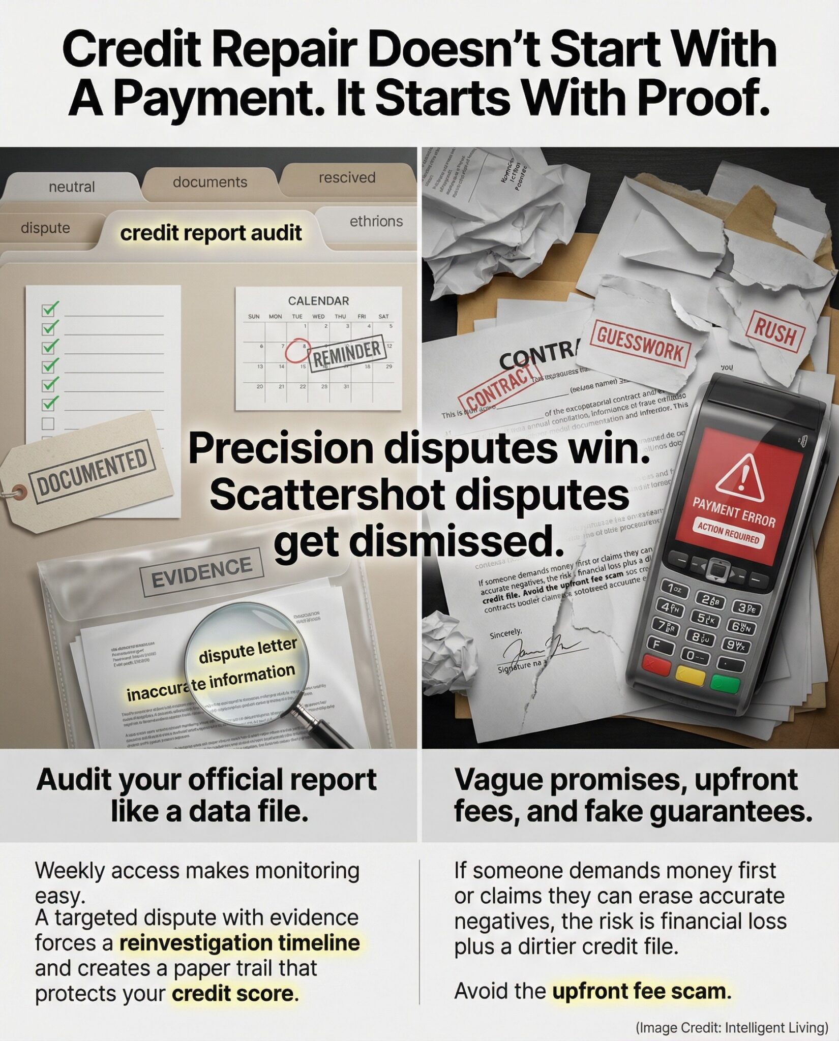 Split-screen educational meme showing a clean dispute folder versus a chaotic paper pile, with bold explanatory text about credit report audits, dispute timelines, and upfront-fee credit repair scam red flags.