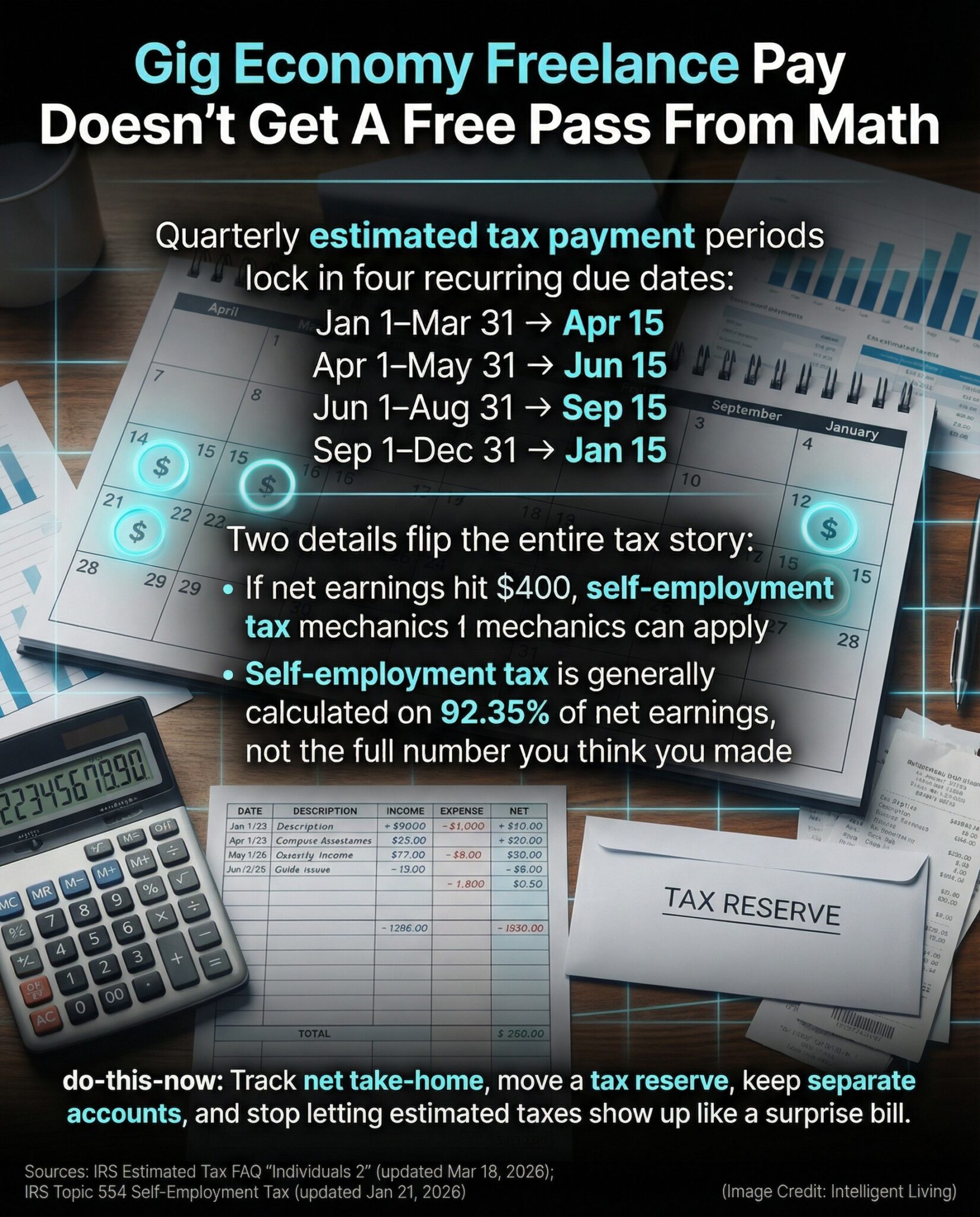 A bold calendar-and-math meme explaining gig economy freelance estimated tax due dates, the $400 self-employment trigger, and the 92.35% net earnings rule.