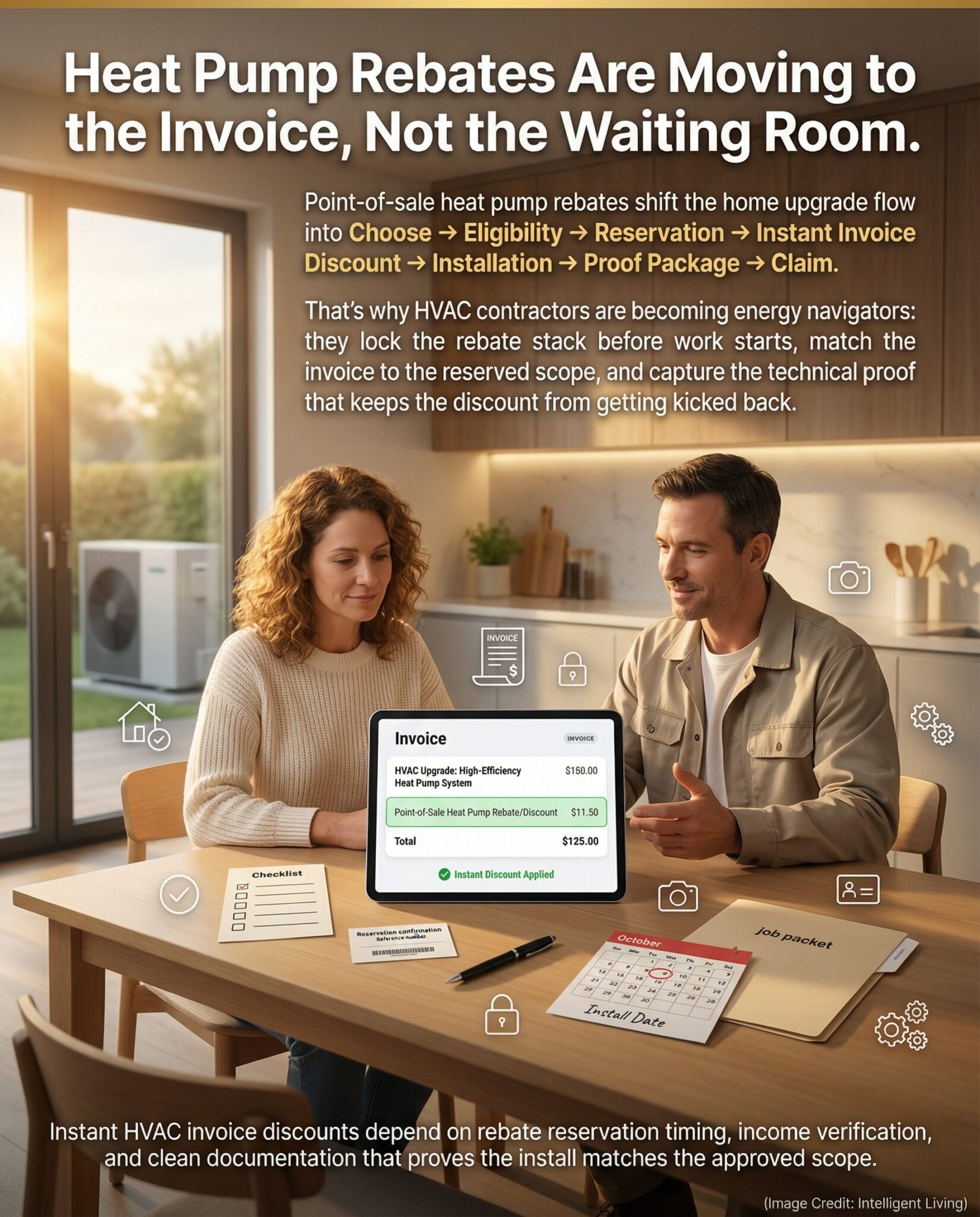 A cinematic kitchen consultation showing a homeowner and contractor reviewing an invoice with an instant discount line item, explaining point-of-sale heat pump rebates and reservation timing in clear text blocks.
